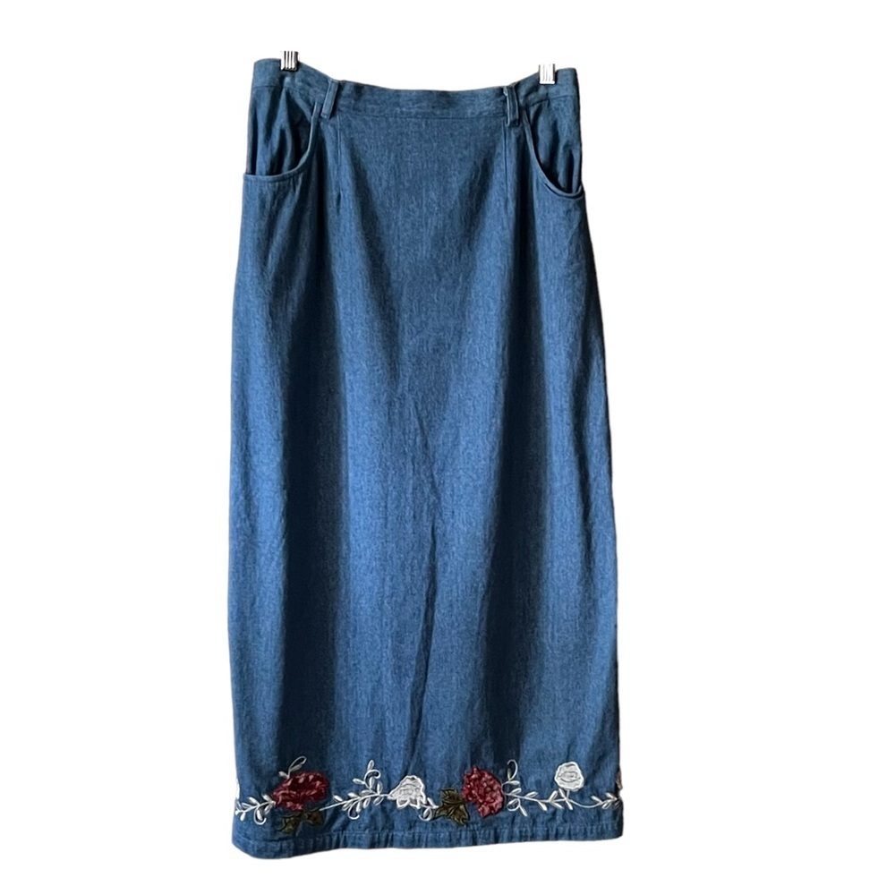 Vintage denim embroidered midi skirt